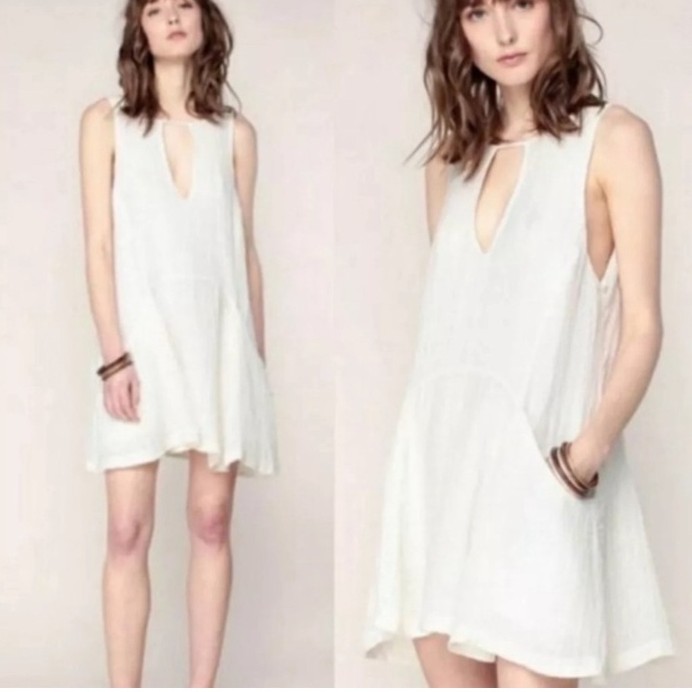 Elegant cream linen Sleeveless mini dress, size M; new